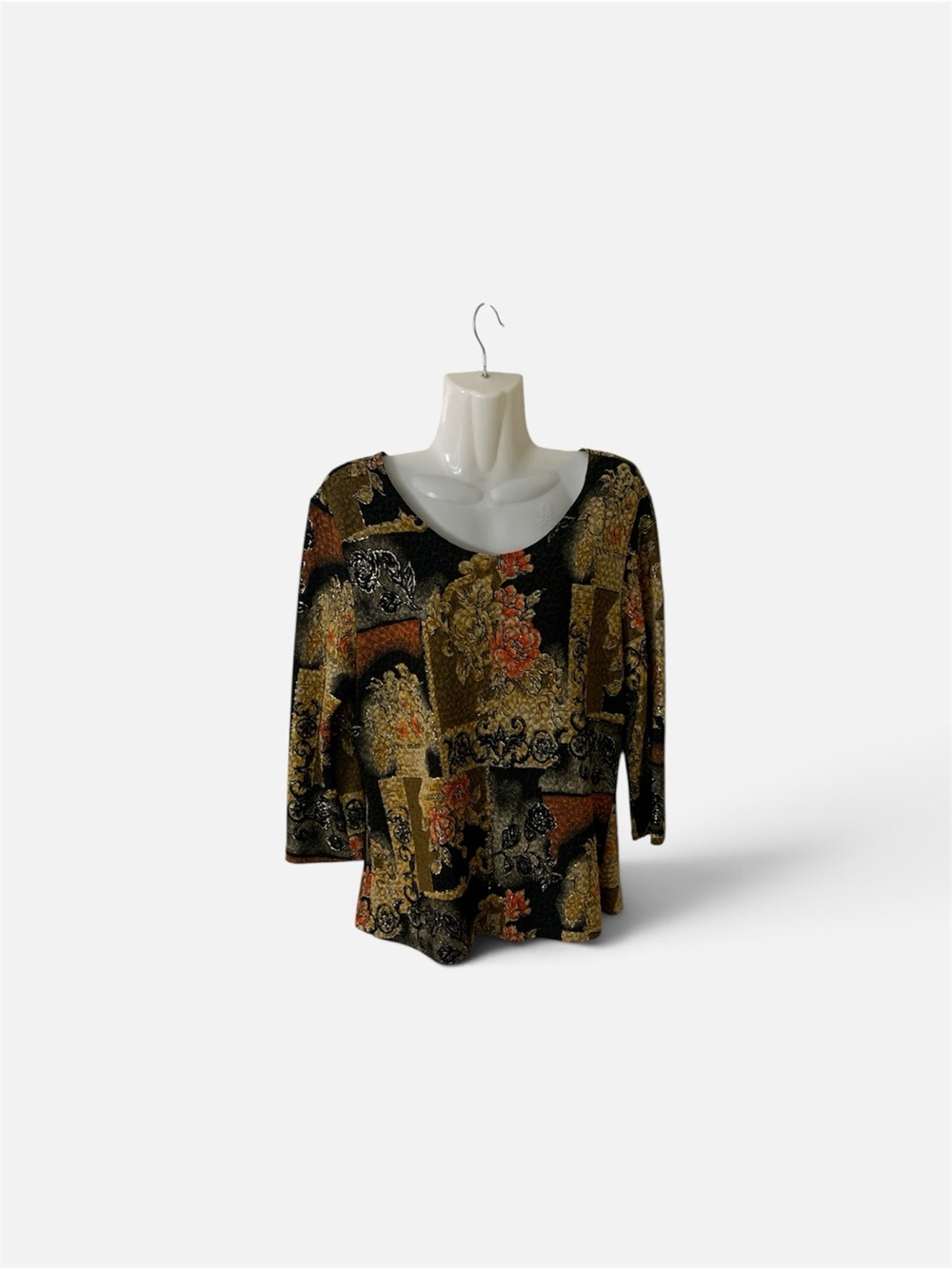 Womens Black Floral Patchwork Scoop Neck Top